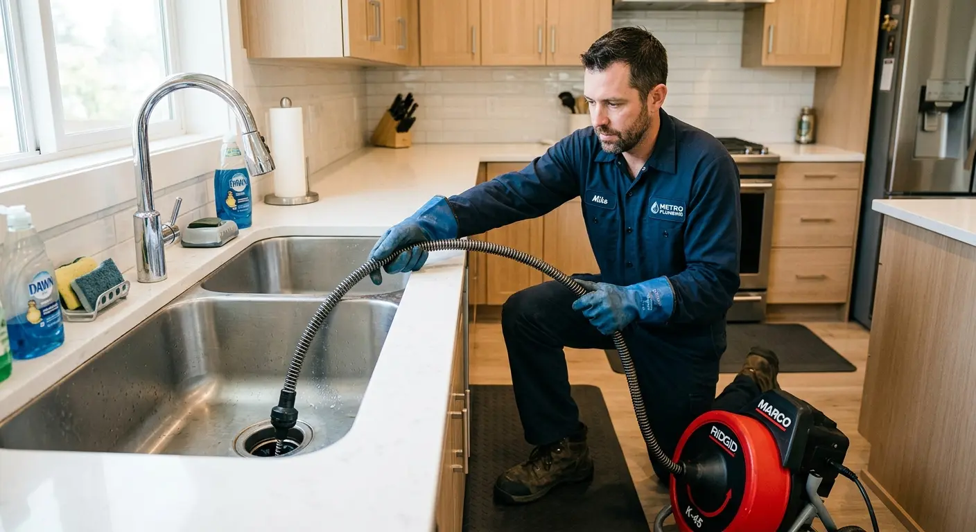 Drain cleaning technician using a motorized snake on a kitchen sink in South Whitehall