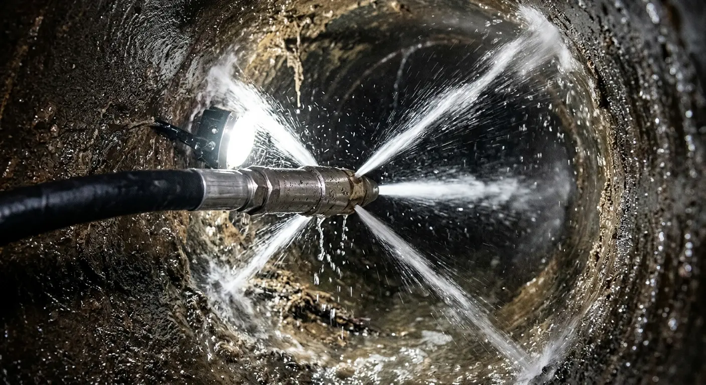 High-pressure hydro jetting nozzle cleaning sewer pipe for Trenchless Sewer Repair in South Whitehall