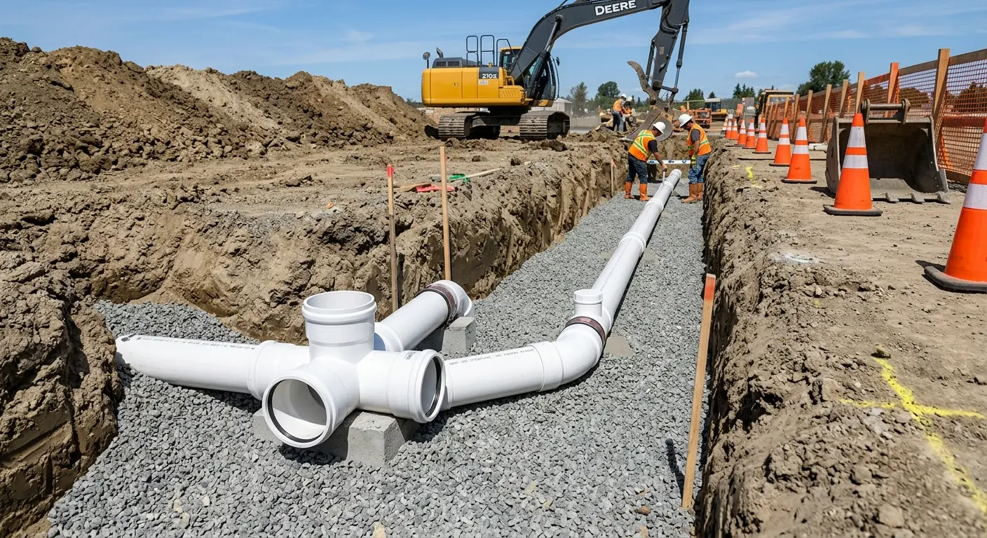 New PVC sewer pipe installation in open trench for Sewer Backup in South Whitehall
