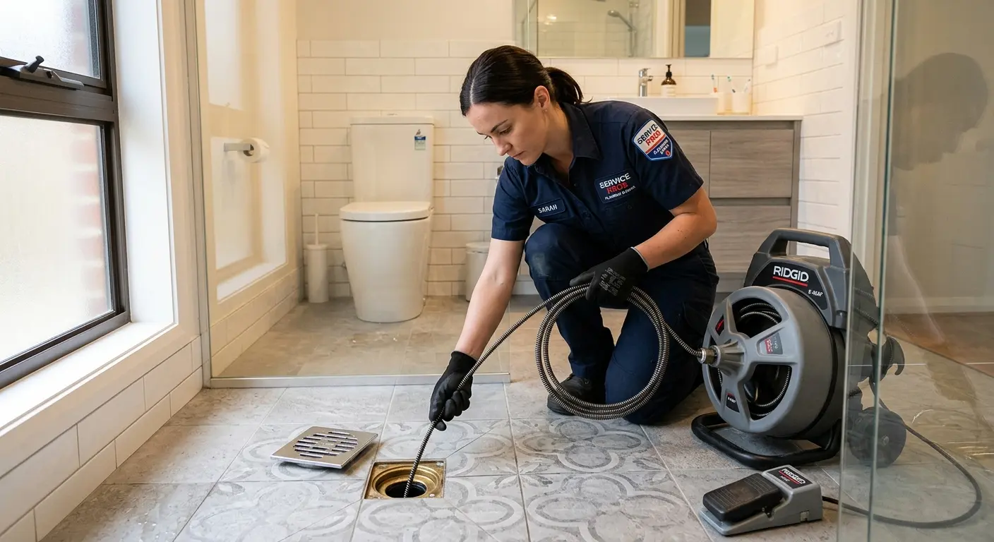 Technician clearing a bathroom floor drain for Hydro Jetting in South Whitehall
